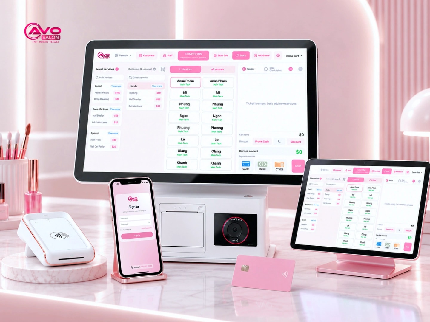 AVO POS running on a salon front-desk terminal and mobile app